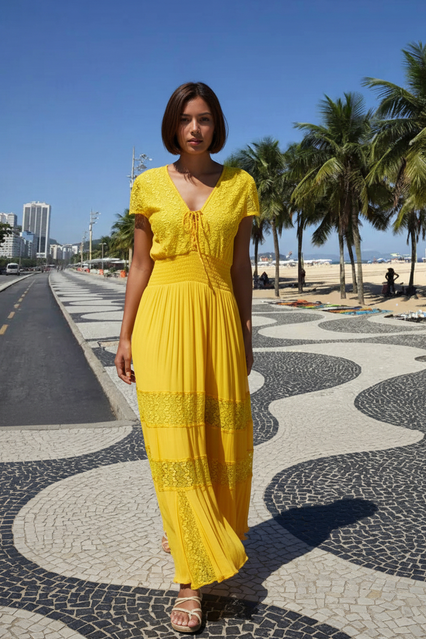 Vestido longo amarelo artesanal com renda e saia plissada