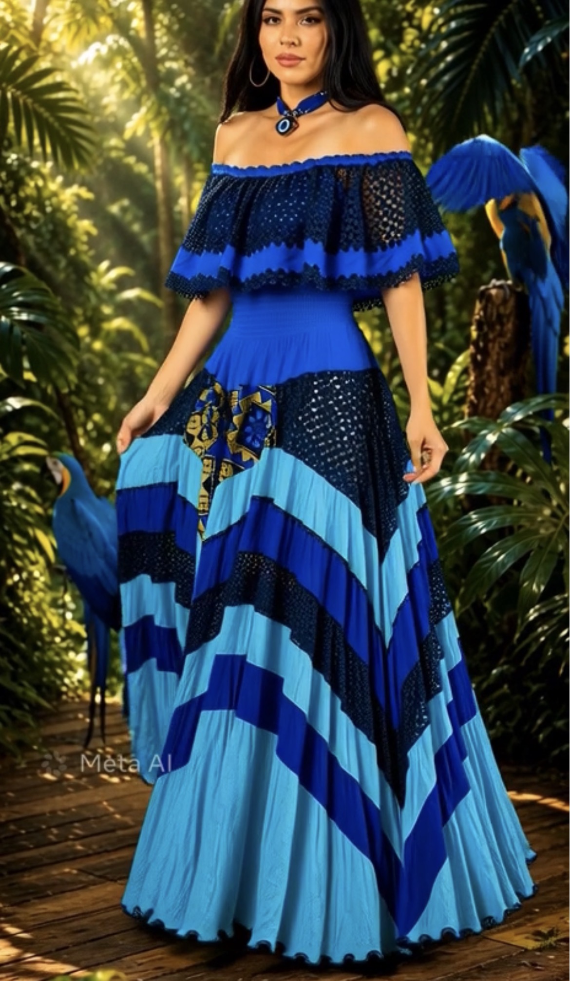 Vestido longo artesanal em tons de azul com renda e saia fluida