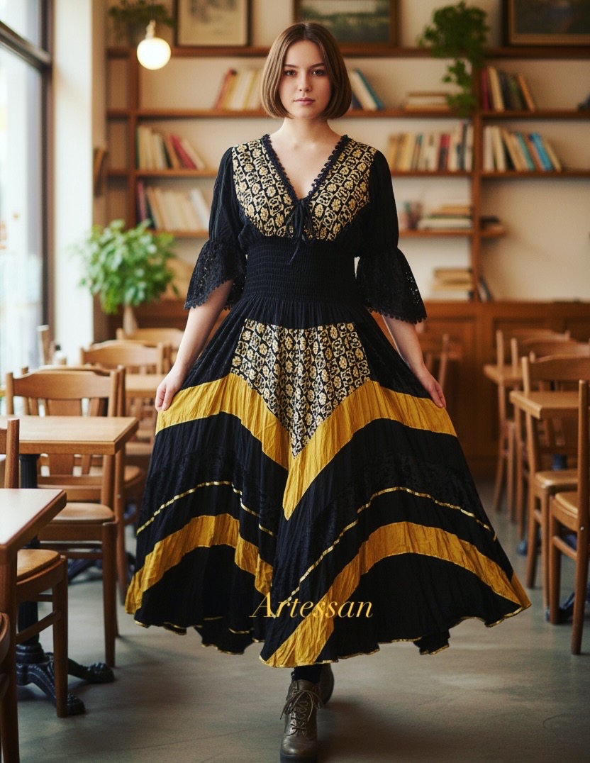Vestido preto e dourado artesanal
