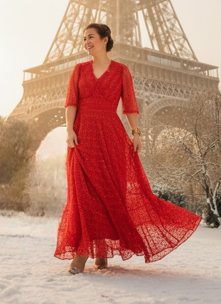 Vestido longo vermelho artesanal em renda com saia fluida